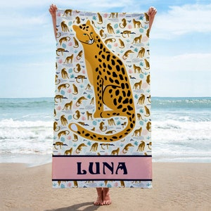 Personalized Cheetah Beach Towel, Cheetah Repeat Name Towel, Custom Towel Perfect for Kid&#39;s, Toddler&#39;s, Teen&#39;s and even Grown-Ups!