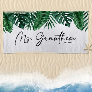 Custom Bride and Bridesmaid Beach Towels | Tropical Fern Leaf Name Beach Towel | Personalized Engagement, Honeymoon, Shower Gift, Beach Trip