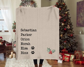 Personalized Holiday Name List Blanket - Kids, Grandkids, furbabies, loved ones Listed on a Blanket