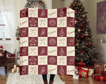 Personalized Holiday Checkered Name Blanket - Retro Christmas Square Patch Design