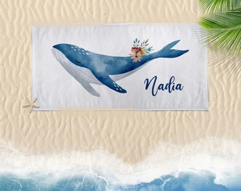 Personalized Whale Beach Towel - Watercolor Whale and Flower. Custom Name Towel, Kids birthday Party Giveaway Gift ideas. Whale Themed