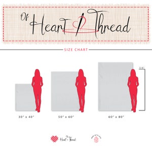 May include: Size chart for blankets with three different sizes: 30 inches by 40 inches, 50 inches by 60 inches, and 60 inches by 80 inches. A silhouette of a person is shown next to each blanket to illustrate the size.