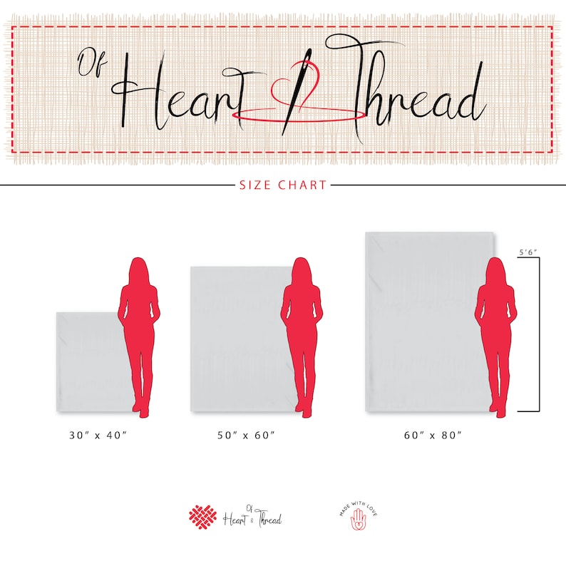 May include: Size chart for blankets with three different sizes: 30 inches by 40 inches, 50 inches by 60 inches, and 60 inches by 80 inches. A silhouette of a person is shown next to each blanket to illustrate the size.