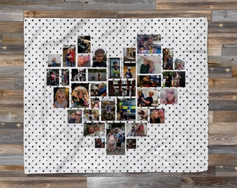 Personalized Heart Photo Collage Blanket, Custom Photo Blanket, Fleece Throw, Fluffy Minky Blanket and Soft Sherpa Options