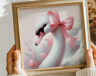 Dreamy Balletcore Wall Art Swan with Pink Bow, Soft Pink Girly Nursery Painting for a Pastel Coquette Aesthetic Teen Girl File for Printing