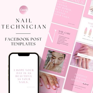 May include: A collection of pink and white social media post templates for nail technicians. The templates feature images of manicured hands, nail care tips, and a nail shape guide. The text on the templates includes phrases like "I hope your day is as beautiful as your nails" and "Schedule your nail appointment today."