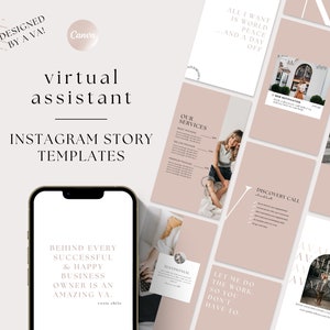 Peut inclure: Un ensemble de modèles d'histoires Instagram pour les assistants virtuels. Les modèles présentent une palette de couleurs neutres beige et blanc avec du texte noir. Les modèles incluent des citations, des services proposés, des témoignages et un appel à l'action.