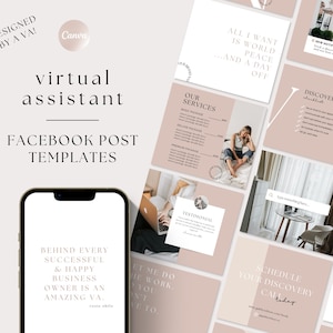 May include: A collection of social media post templates for virtual assistants. The templates feature a pink and white colour scheme with text that says "Designed by a VA!" and "Virtual Assistant Facebook Post Templates".