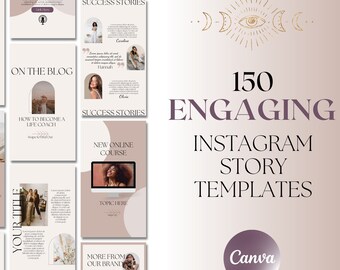 Puede incluir: Una colección de 150 plantillas de historias de Instagram para marketing en redes sociales. Las plantillas presentan una paleta de colores neutros beige, marrón y blanco con acentos dorados. El texto "150 plantillas de historias de Instagram atractivas" se muestra en fuente morada. El logotipo de Canva se muestra en la esquina inferior derecha.