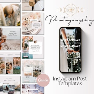 以下が含まれることがあります： 写真家向けのInstagram投稿テンプレートのコレクション。テンプレートには、スニークピーク、お客様の声、ウェディングコレクション、夏のポートレートセッションなど、さまざまなデザインが用意されています。テンプレートはCanvaで使用するために設計されています。