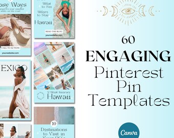 以下が含まれることがあります： 明るい青色の背景に、60個の魅力的なPinterestピンテンプレートのコレクション。テンプレートには、「トロピカルな目的地」や「ビーチ旅行のパッキング方法」など、旅行をテーマにしたグラフィックとテキストが使用されています。Canvaのロゴが表示されています。