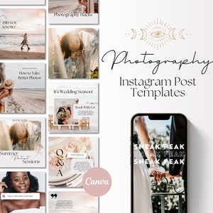 以下が含まれることがあります： 写真家向けのInstagram投稿テンプレート12個セット。さまざまなデザインと「ウェディングシーズン」「夏のポートレートセッション」「写真撮影のヒント」などのテキストオーバーレイが特徴です。テンプレートは、ベージュ、白、黒のニュートラルなカラーパレットで、ミニマルなスタイルでデザインされています。