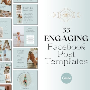 May include: A collection of 55 Facebook post templates for travel-related content. The templates feature a light blue background with white and gold accents. The text "55 ENGAGING Facebook Post Templates" is displayed in black text. The Canva logo is displayed in the bottom right corner.