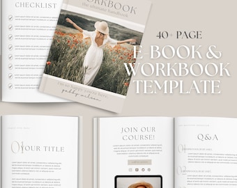 Op de afbeelding: Een e-book- en werkboektemplate met meer dan 40 pagina's, inclusief een checklist, een titelpagina, een modulepagina, een pagina om je aan te melden voor onze cursus en een Q&A-pagina. De template heeft een lichtbruin en wit kleurenschema met een minimalistisch ontwerp. De omslagfoto toont een vrouw in een witte jurk die in een bloemenveld staat.