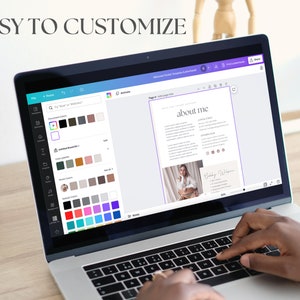 May include: A laptop computer screen displaying a website with a customizable template for an "about me" page. The template includes a photo, text, and social media icons. The screen shows a color palette and other design elements.