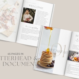 May include: A cookbook mockup with a white background. The cover features a stack of pancakes with honey being drizzled on top. The text "BREAKFAST" is in large, bold font. The inside pages feature a recipe for "RECIPE TITLE" with a list of ingredients and instructions. The text "45 PAGES IN LETTERHEAD & A4 DOCUMENT" is printed on the spine.