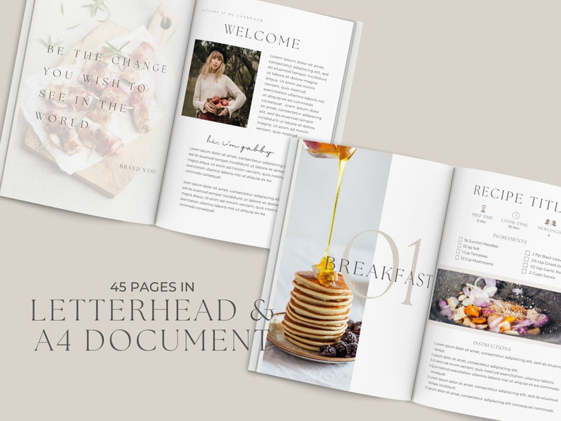 May include: A cookbook mockup with a white background. The cover features a stack of pancakes with honey being drizzled on top. The text "BREAKFAST" is in large, bold font. The inside pages feature a recipe for "RECIPE TITLE" with a list of ingredients and instructions. The text "45 PAGES IN LETTERHEAD & A4 DOCUMENT" is printed on the spine.