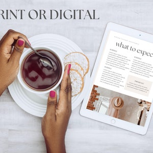 May include: A white tablet with a light brown background showing a document with the text "what to expect" and headings "A4 Style", "A5 Style", and "Printable". The tablet is on a light wood surface with a cup of tea and cookies.