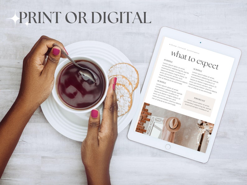 May include: A white tablet with a light brown background showing a document with the text "what to expect" and headings "A4 Style", "A5 Style", and "Printable". The tablet is on a light wood surface with a cup of tea and cookies.