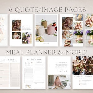 May include: A set of printable pages for a meal planner, featuring a quote page with the text "Be the change you wish to see in the world", a recipe card, a meal planner, a testimonial page, and a connect with us page. The pages are designed in a minimalist style with a neutral color palette.