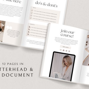 May include: A mockup of a 52-page letterhead and A4 document with a beige background. The document features a section titled "do's & don'ts" with a checklist of items. Another section titled "join our course!" includes a call to action with social media icons. The document also includes a section titled "thank you" with a handwritten signature.