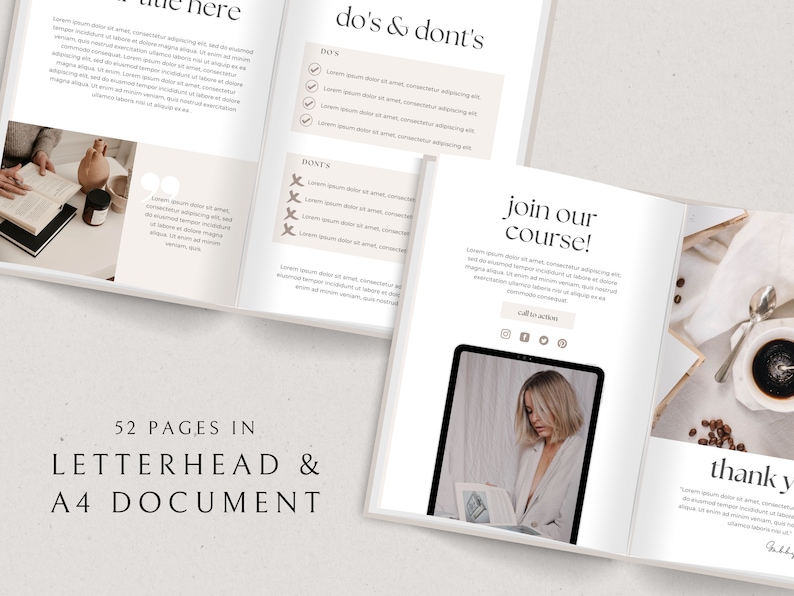 May include: A mockup of a 52-page letterhead and A4 document with a beige background. The document features a section titled "do's & don'ts" with a checklist of items. Another section titled "join our course!" includes a call to action with social media icons. The document also includes a section titled "thank you" with a handwritten signature.