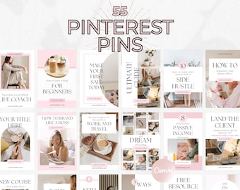 May include: A collage of 12 Pinterest pin templates with pink and white backgrounds. The pins feature text such as "Become a Certified Life Coach", "How to Brand Like a Boss", "Make Your First Sale Today", "Ultimate Guide", "10 Ways to Make Extra Money with a Side Hustle", "How to Organize Your Home Office", "The Top 10 Places in the World to Work and Travel", "Dream", "8 Ways to Make Passive Income", "Land the Client", "5 Ways", "Free Resource", and "On the".