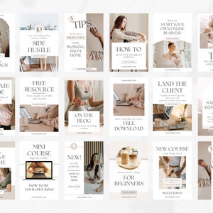 K&ouml;nnte beinhalten: Eine Collage aus 16 Instagram-Post-Vorlagen mit verschiedenen Themen rund um Business, Bloggen und pers&ouml;nliche Entwicklung. Die Vorlagen zeichnen sich durch eine minimalistische &Auml;sthetik mit einer neutralen Farbpalette aus Wei&szlig;, Beige und Braun aus. Der Text auf den Vorlagen ist in einer modernen, serifenlosen Schrift.