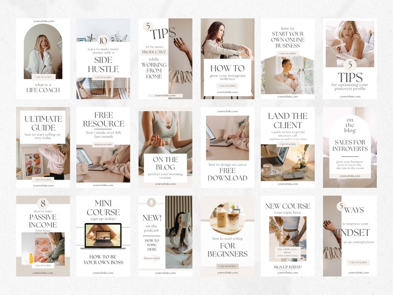 K&ouml;nnte beinhalten: Eine Collage aus 16 Instagram-Post-Vorlagen mit verschiedenen Themen rund um Business, Bloggen und pers&ouml;nliche Entwicklung. Die Vorlagen zeichnen sich durch eine minimalistische &Auml;sthetik mit einer neutralen Farbpalette aus Wei&szlig;, Beige und Braun aus. Der Text auf den Vorlagen ist in einer modernen, serifenlosen Schrift.