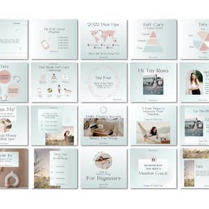 May include: A collection of 16 Instagram story templates for a mindset coach. The templates feature a light blue background with pink and white accents. The text on the templates includes phrases like "Join Me!" "My Top Money Mindset Tips" "How to Organise Your Home Office" "One Week Self-Care Challenge" "Day Four" "Hi, I'm Rose" "What is a Mindset Coach?" "Make Passive Income" "5 Easy Ways to Improve Your Mindset" "On The Blog" "12 Tips" "6 Reasons Why You Need a Mindset Coach" "For Beginners" and "Title".