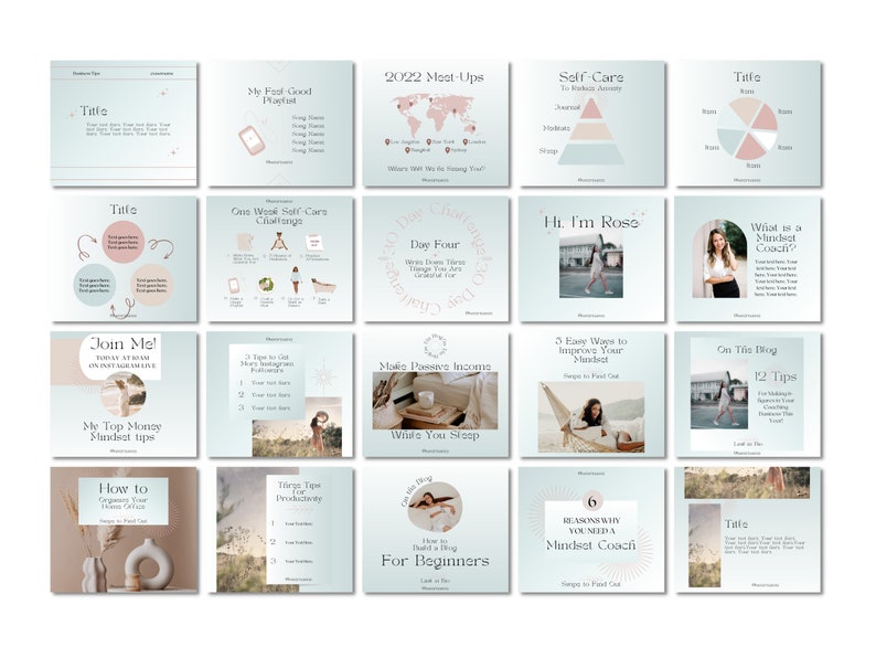 May include: A collection of 16 Instagram story templates for a mindset coach. The templates feature a light blue background with pink and white accents. The text on the templates includes phrases like "Join Me!" "My Top Money Mindset Tips" "How to Organise Your Home Office" "One Week Self-Care Challenge" "Day Four" "Hi, I'm Rose" "What is a Mindset Coach?" "Make Passive Income" "5 Easy Ways to Improve Your Mindset" "On The Blog" "12 Tips" "6 Reasons Why You Need a Mindset Coach" "For Beginners" and "Title".