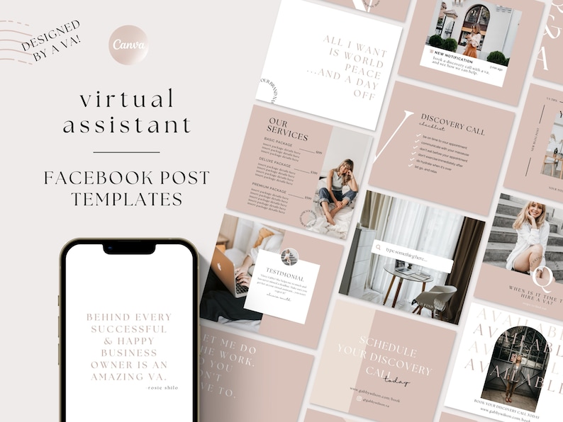 May include: A collection of social media post templates for virtual assistants. The templates feature a pink and white color scheme with text that says "Designed by a VA!" and "Virtual Assistant Facebook Post Templates".