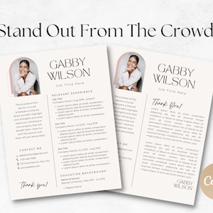 Puede incluir: Una plantilla de curr&iacute;culum con un dise&ntilde;o moderno que presenta un arco rosa y blanco con una foto de una mujer. El texto "Gabby Wilson" est&aacute; en la parte superior del curr&iacute;culum con las palabras "Job Title Here" debajo. El curr&iacute;culum incluye secciones para "Experiencia Relevante", "Formaci&oacute;n Acad&eacute;mica" y "Contacto".