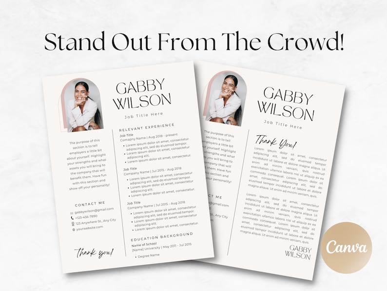 Puede incluir: Una plantilla de curr&iacute;culum con un dise&ntilde;o moderno que presenta un arco rosa y blanco con una foto de una mujer. El texto "Gabby Wilson" est&aacute; en la parte superior del curr&iacute;culum con las palabras "Job Title Here" debajo. El curr&iacute;culum incluye secciones para "Experiencia Relevante", "Formaci&oacute;n Acad&eacute;mica" y "Contacto".