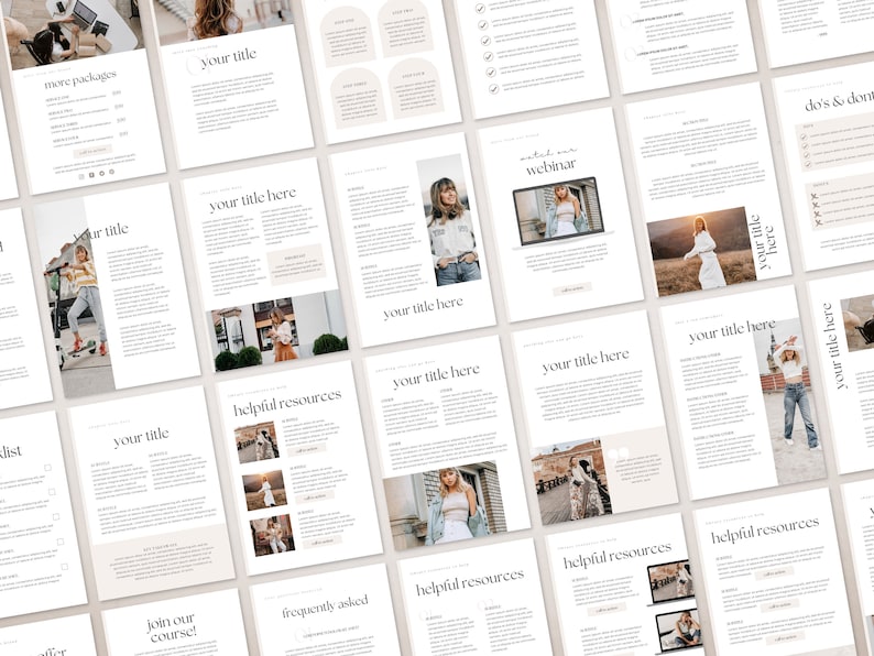 Op de afbeelding: Een digitale marketinggids met een witte achtergrond en zwarte tekst. De gids bevat secties over meer pakketten, je titel, nuttige bronnen, veelgestelde vragen, word lid van onze cursus en do's en don'ts. De gids bevat ook afbeeldingen van mensen en producten.