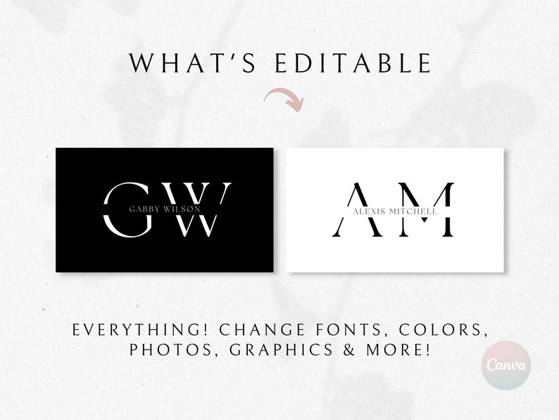 May include: Two black and white logo designs. The first logo is the letters "GW" with the text "Gabby Wilson" below. The second logo is the letters "AM" with the text "Alexis Mitchell" below.
