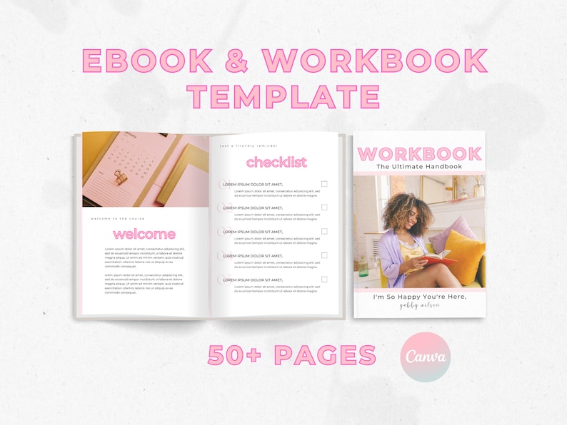 May include: An open book with a pink and white colour scheme. The left page has the word "welcome" in pink text. The right page has a checklist with the text "checklist" in pink text. The back cover of the book has a photo of a woman sitting in a chair reading a book. The text on the back cover says "WORKBOOK The Ultimate Handbook" and "I'm So Happy You're Here, gabby wilson".