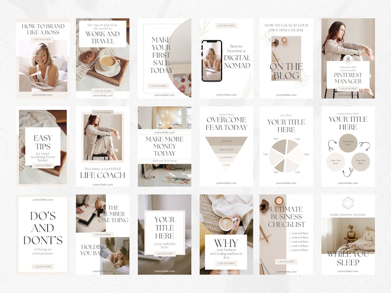 K&ouml;nnte beinhalten: Eine Collage aus 16 Instagram-Story-Vorlagen f&uuml;r Unternehmer. Die Vorlagen zeichnen sich durch eine neutrale Farbpalette aus Beige, Braun und Wei&szlig; aus. Der Text auf den Vorlagen enth&auml;lt S&auml;tze wie "Wie man eine Marke wie ein Boss aufbaut", "Machen Sie Ihren ersten Verkauf heute", "Einfache Tipps, um von zu Hause aus zu arbeiten", "Werden Sie ein zertifizierter Lebenscoach", "Verdienen Sie mehr Geld heute", "&Uuml;berwinden Sie die Angst heute", "Die wichtigste Sache, die Sie zur&uuml;ckh&auml;lt", "Ihr Titel hier", "Ultimative Business-Checkliste", "Warum Ihr Unternehmen nicht skaliert und wie Sie es beheben k&ouml;nnen", "Wie Sie Ihren eigenen Online-Kurs starten", "Im Blog", "8 Gr&uuml;nde, warum Sie einen Pinterest-Manager ben&ouml;tigen", "Ihr Titel hier", "Ihr Titel hier", "Passives Einkommen generieren, w&auml;hrend Sie schlafen".