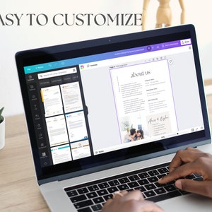 May include: A person using a laptop computer to edit a wedding invitation template. The template includes a photo of a couple and the text "About Us" and "Alice & Dylan".