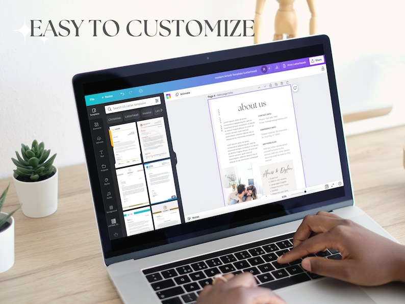 May include: A person using a laptop computer to edit a wedding invitation template. The template includes a photo of a couple and the text "About Us" and "Alice & Dylan".