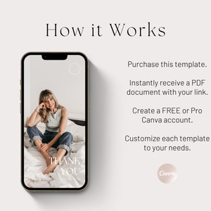 May include: A smartphone mockup showing a Canva template with a woman sitting on a bed and the text "Thank You". The text "How it Works" is above the mockup and a list of steps to use the template is on the right side of the image.