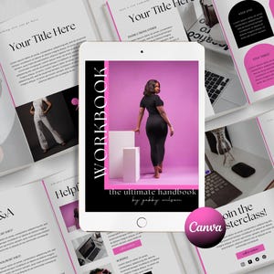 Puede incluir: Una portada de cuaderno de trabajo rosa y negra con el título "WORKBOOK" en texto blanco. El subtítulo es "the ultimate handbook by gabby wilson". La portada presenta a una mujer con un vestido negro de pie frente a un cubo blanco.