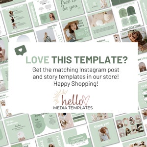 Op de afbeelding: Een collage van groene en witte Instagram-posttemplates met de tekst "LOVE THIS TEMPLATE? Get the matching Instagram post and story templates in our store! Happy Shopping! hello MEDIA TEMPLATES".