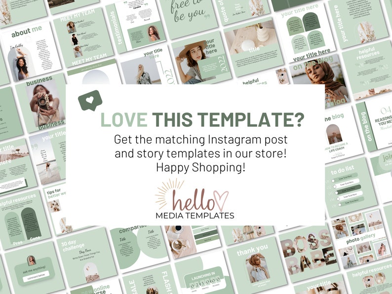 Op de afbeelding: Een collage van groene en witte Instagram-posttemplates met de tekst "LOVE THIS TEMPLATE? Get the matching Instagram post and story templates in our store! Happy Shopping! hello MEDIA TEMPLATES".