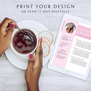 May include: A pink and white digital CV template with a photo of a woman in the top right corner. The text "Alexis Wilson" is in a large font at the top of the page. The CV includes sections for contact information, education, Greek affiliation, community involvement, honours and accomplishments, and clubs and committees.