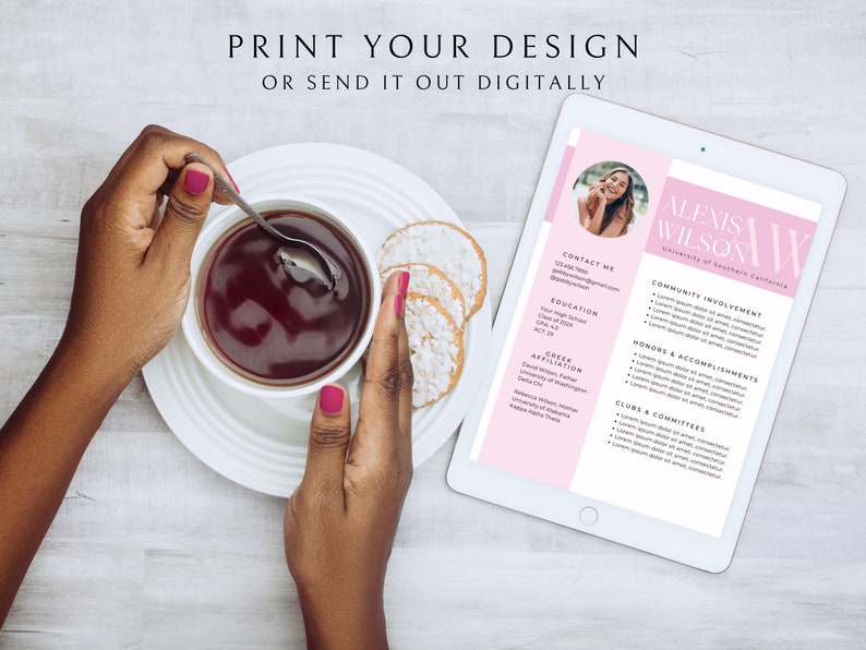May include: A pink and white digital CV template with a photo of a woman in the top right corner. The text "Alexis Wilson" is in a large font at the top of the page. The CV includes sections for contact information, education, Greek affiliation, community involvement, honours and accomplishments, and clubs and committees.