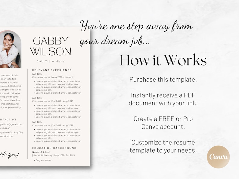 Puede incluir: Una plantilla de curr&iacute;culum con una foto de una mujer en la esquina superior izquierda. El texto "GABBY WILSON" est&aacute; en una fuente grande en la parte superior de la p&aacute;gina. El texto "You're one step away from your dream job..." est&aacute; en una fuente m&aacute;s peque&ntilde;a debajo del nombre. El texto "How it Works" est&aacute; en una fuente grande en la parte superior derecha de la p&aacute;gina. El texto "Purchase this template." est&aacute; debajo del encabezado. El texto "Instantly receive a PDF document with your link." est&aacute; debajo del texto anterior. El texto "Create a FREE or Pro Canva account." est&aacute; debajo del texto anterior. El texto "Customize the resume template to your needs." est&aacute; debajo del texto anterior. El texto "Canva" est&aacute; en un c&iacute;rculo en la parte inferior derecha de la p&aacute;gina.
