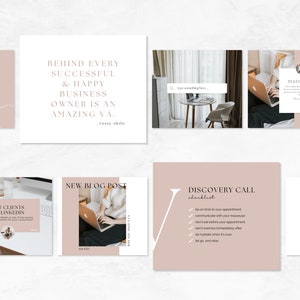 May include: A collection of social media post templates for a virtual assistant business. The templates feature a pink and white color scheme with text that includes "Behind Every Successful & Happy Business Owner is an Amazing VA", "Get Clients on LinkedIn", "New Blog Post", "Discovery Call Checklist", "VA Tips", and "Testimonial".