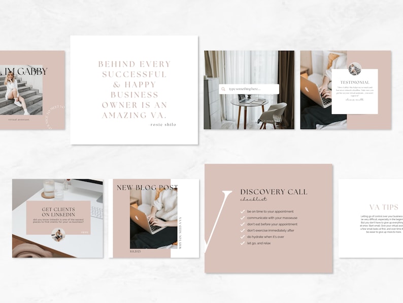 May include: A collection of social media post templates for a virtual assistant business. The templates feature a pink and white color scheme with text that includes "Behind Every Successful & Happy Business Owner is an Amazing VA", "Get Clients on LinkedIn", "New Blog Post", "Discovery Call Checklist", "VA Tips", and "Testimonial".