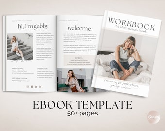 Könnte beinhalten: Eine digitale E-Book-Vorlage mit einem neutralen Farbschema. Das Cover zeigt eine Frau, die auf einem Bett sitzt, und den Text "WORKBOOK the ultimate handbook". Der Text "I'm so happy you're here, gabby wilson" befindet sich am unteren Rand des Covers. Der Text "EBOOK TEMPLATE 50+ pages" befindet sich am unteren Rand des Bildes.